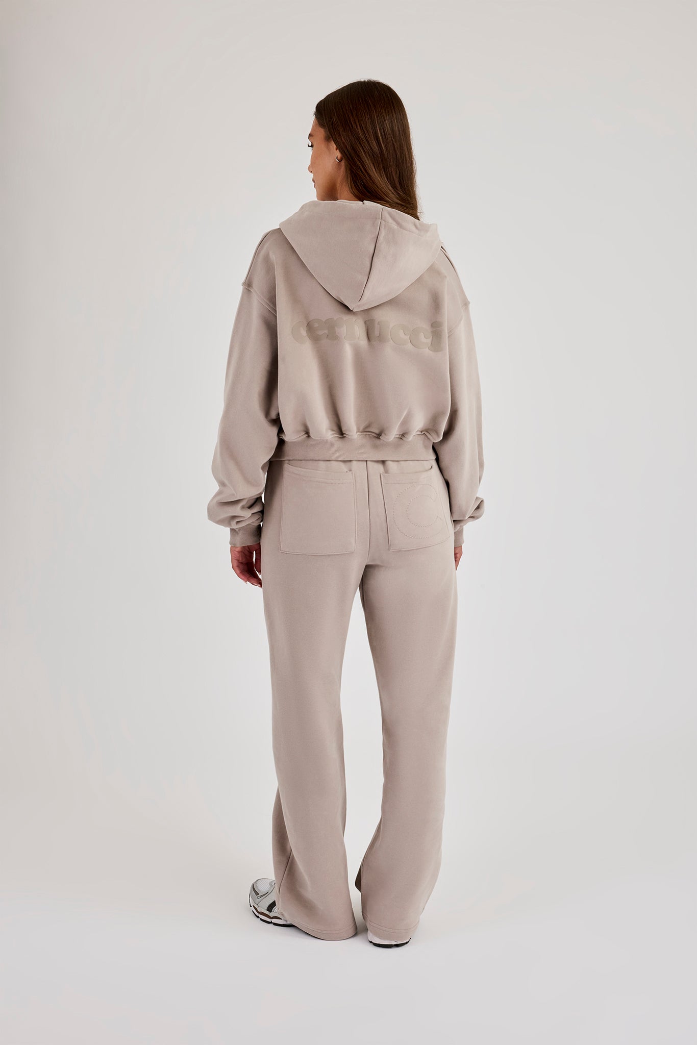 Cernucci Cropped Zip Through Hoodie & Wide Leg Jogger – Stone